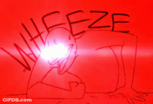 A Red Background With A Drawing Of A Person And The Word ' Wheeze ' On It GIF