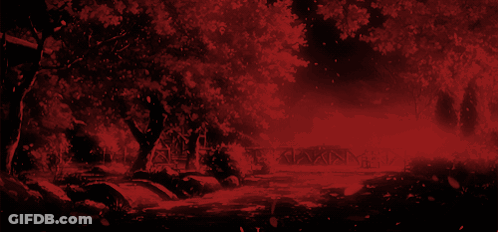 A Red Background With A Few Trees And A House In The Background GIF