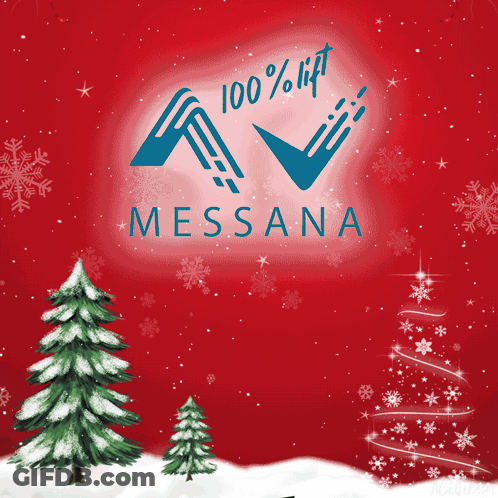 A Red Background With A Snowman And A Christmas Tree And The Name Messiana GIF