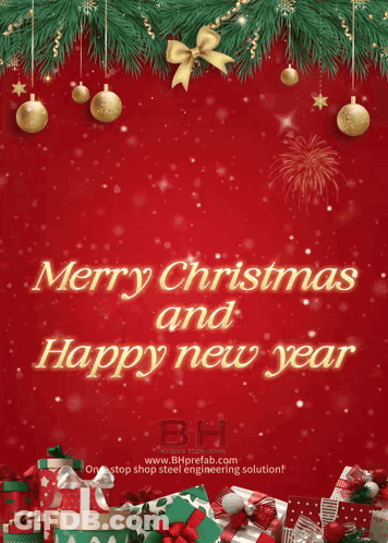 A Red Background With Christmas Decorations And The Words Merry Christmas And Happy New Year On It GIF