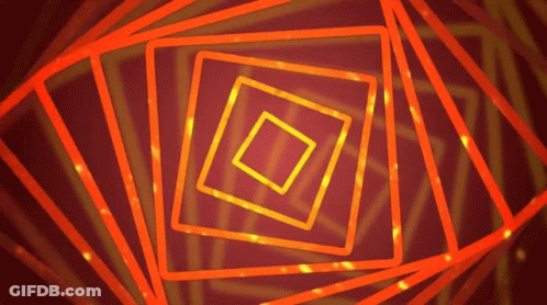 A Red Background With Orange Squares That Are Moving In A Circle GIF