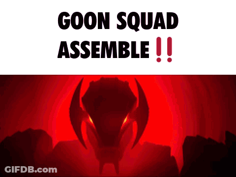 A Red Background With The Words Goon Squad Assemble GIF