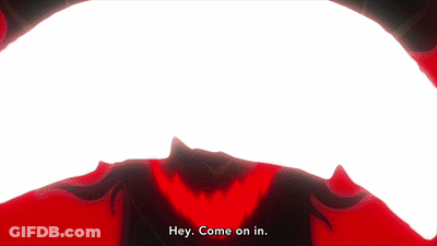A Red Background With The Words Hey Come On In Below It GIF