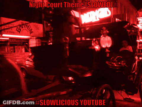 A Red Background With The Words Night Court Theme Is Slowed GIF