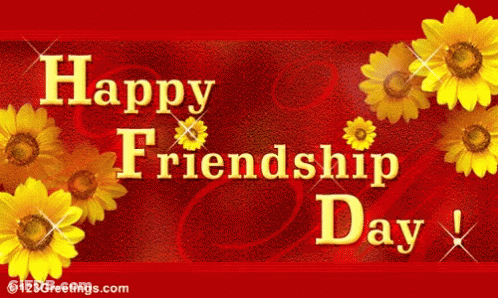 A Red Background With Yellow Flowers And The Words Happy Friendship Day On It GIF