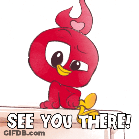 A Red Bird With A Heart On Its Head Sits On A Table With The Words See You There Below It GIF