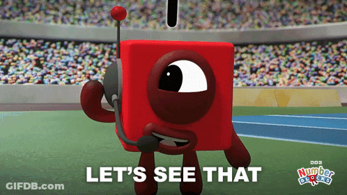 A Red Block With A Microphone And The Words Let 'S See That On The Bottom GIF