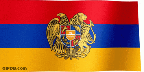 A Red Blue And Yellow Flag With A Coat Of Arms GIF