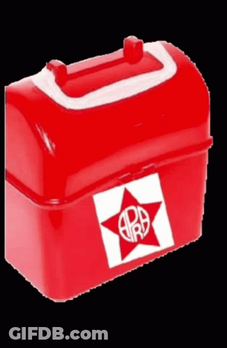 A Red Box With A White Handle And A Red Star With The Letter R On It GIF