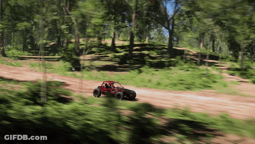 A Red Buggy Is Driving Down A Dirt Road Through The Woods GIF