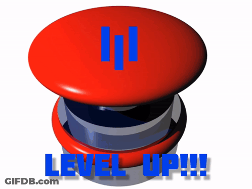 A Red Button That Says Level Up In Blue GIF