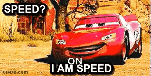 A Red Car From The Movie Cars Is Driving Down A Dirt Road And Says `` Speed ? On I Am Speed '' . GIF