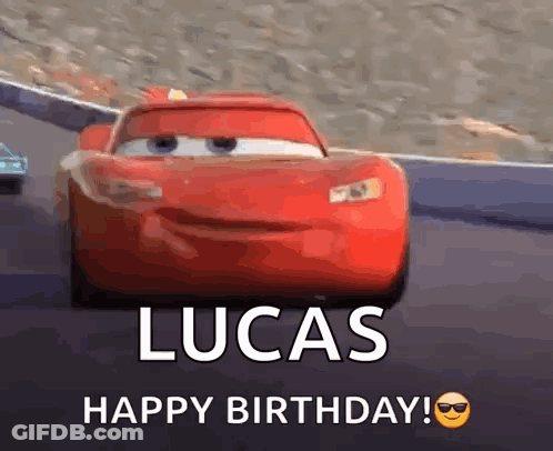 A Red Car From The Movie Cars Is Driving Down A Race Track And Says Happy Birthday Lucas . GIF