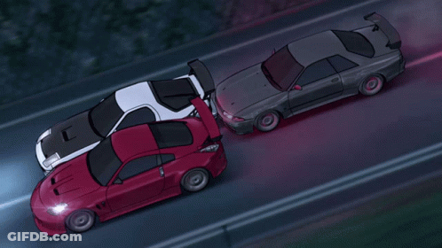 A Red Car Is Being Pulled By A White Car On A Road GIF