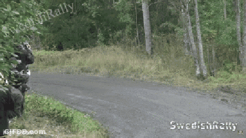 A Red Car Is Driving Down A Road With The Words Swedish Rally Written On The Bottom GIF