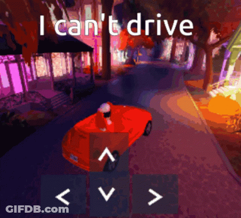 A Red Car Is Driving Down A Street With The Words I Can T Drive Above It GIF