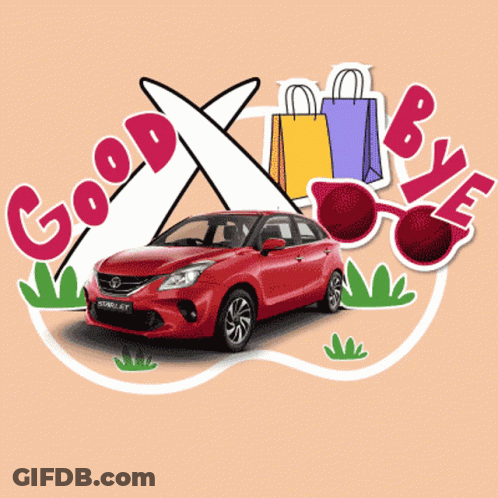 A Red Car Is Surrounded By Goodbye Stickers GIF