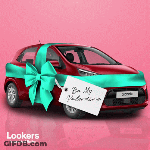A Red Car With A Blue Bow And A Tag That Says " Do My Valentine " GIF