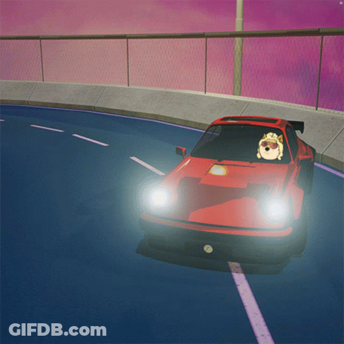 A Red Car With A Hedgehog In The Driver 'S Seat Driving Down A Road GIF