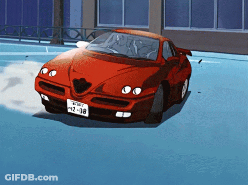 A Red Car With A License Plate That Has The Number 12-08 On It GIF