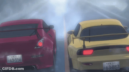 A Red Car With A License Plate That Says 69-556 Is Next To A Yellow Car With A License Plate That Says 63-887 GIF