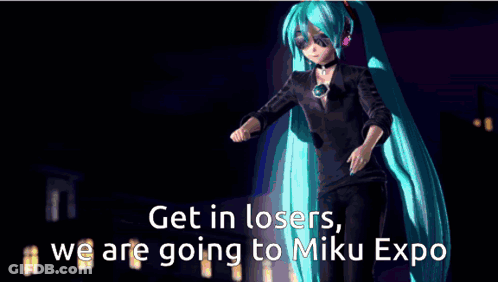A Red Car With The Words " Get In Losers We Are Going To Miku Expo " GIF