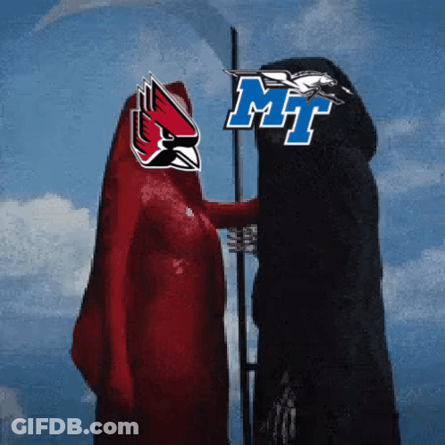 A Red Cardinal And A Black Grim Reaper Are Standing Next To Each Other With The Letters Mt On Their Shirts GIF