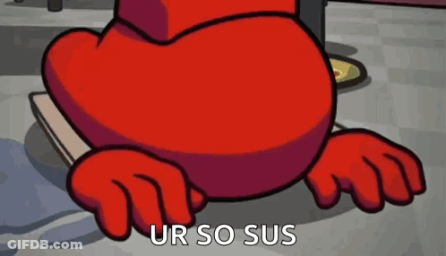 A Red Cartoon Character Is Sitting On The Floor With His Legs Crossed And A Phrase That Says `` Ur So Sus '' . GIF