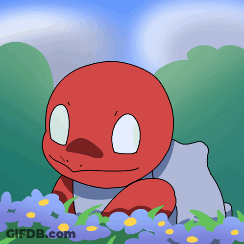 A Red Cartoon Character Is Standing In A Field Of Flowers GIF
