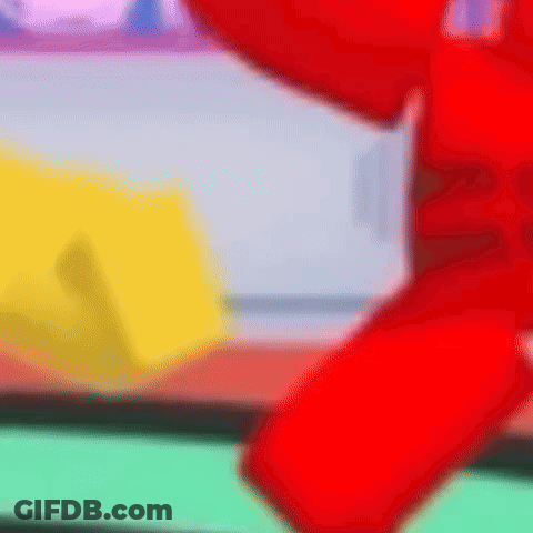 A Red Cartoon Character Is Standing In Front Of A Yellow Box . GIF