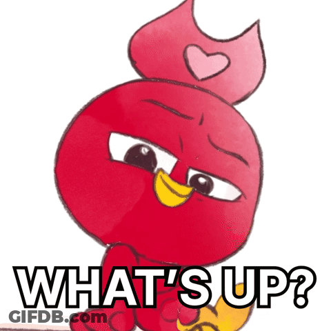 A Red Cartoon Character With A Heart On Its Head And The Words What 'S Up Below It GIF