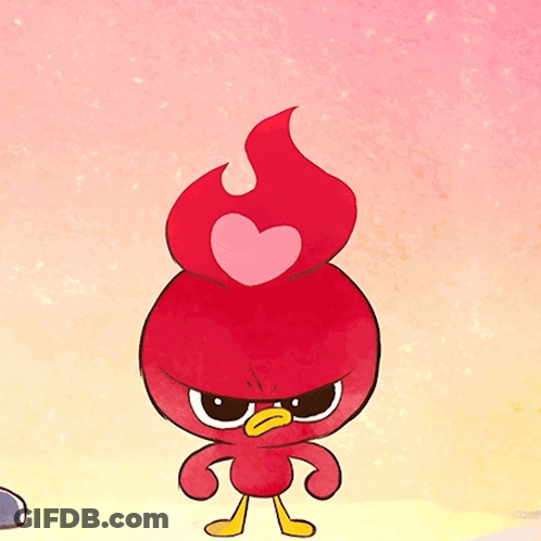A Red Cartoon Character With A Heart Shaped Explosion Coming Out Of Its Head GIF