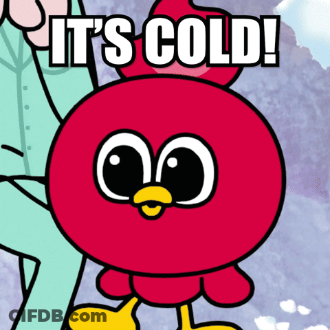 A Red Cartoon Character With The Words It 'S Cold Written On It GIF