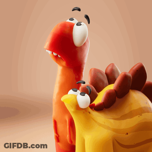 A Red Cartoon Dinosaur And A Yellow Cartoon Dinosaur Are Standing Next To Each Other With Their Mouths Open GIF