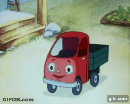 A Red Cartoon Truck With A Green Bed Is Smiling . GIF