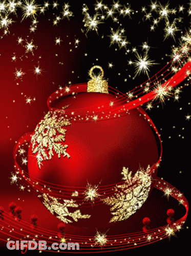 A Red Christmas Ornament Is Surrounded By Gold Snowflakes GIF