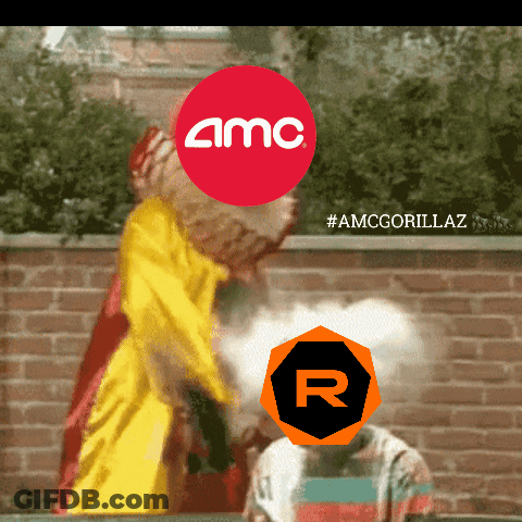 A Red Circle That Says Amc Is Above A Person 'S Head GIF