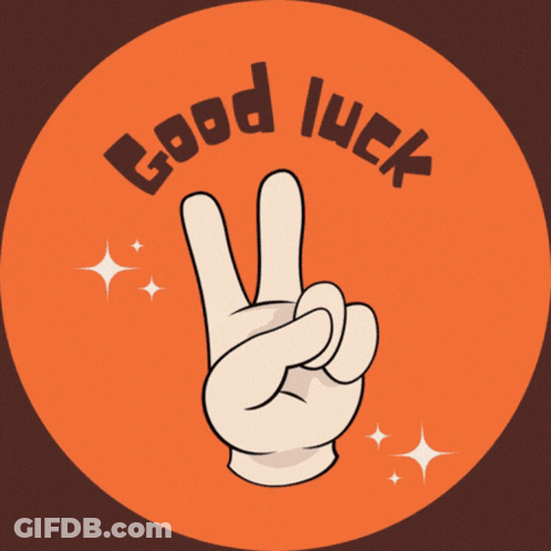 A Red Circle With A Hand Giving A Peace Sign And The Words " Good Luck " GIF