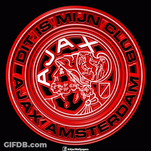 A Red Circle With The Words Dit Is Mijn Club Ajax Amsterdam Inside Of It GIF