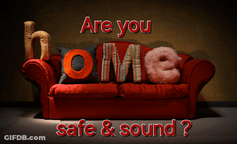 A Red Couch With The Words " Are You Home Safe & Sound " Written On It GIF