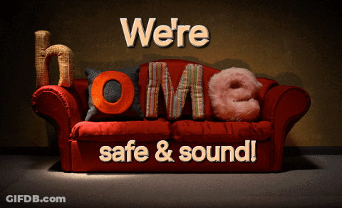 A Red Couch With The Words " We 'Re Home Safe & Sound " On It GIF