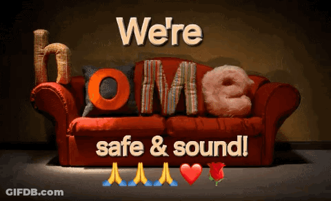A Red Couch With The Words " We 'Re Safe & Sound " Written On It GIF