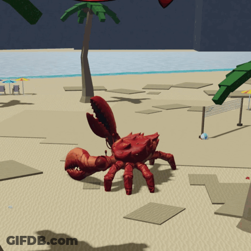 A Red Crab Is On A Sandy Beach With Palm Trees In The Background GIF
