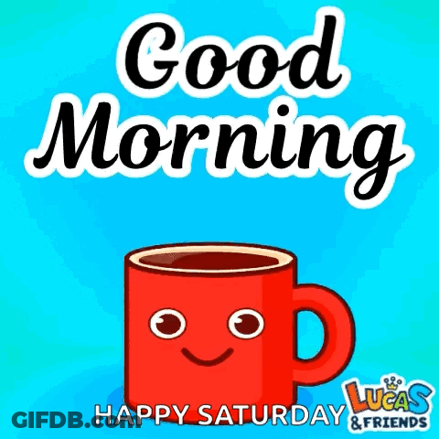 A Red Cup Of Coffee With A Smiling Face Says Good Morning GIF
