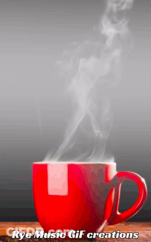A Red Cup Of Coffee With Steam Coming Out Of It And The Words Rye Music Gif Creations On The Bottom GIF