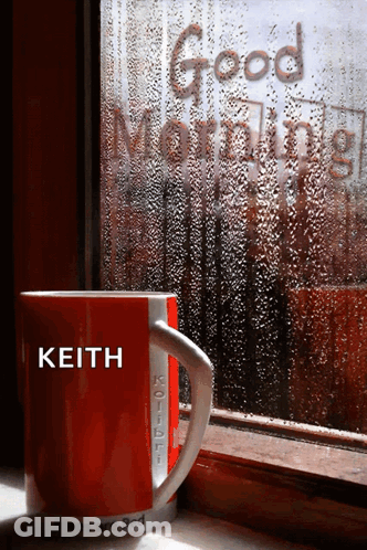 A Red Cup With The Name Keith On It Sits In Front Of A Window GIF
