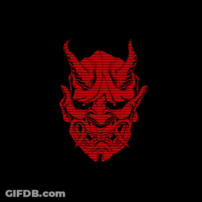 A Red Demon Mask On A Black Background With Chinese Writing On It . GIF
