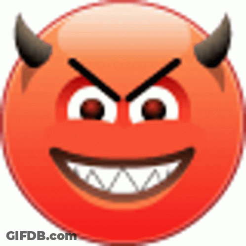 A Red Devil Smiley Face With Horns And Sharp Teeth On A White Background . GIF
