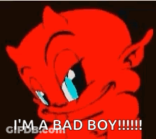 A Red Devil With The Words `` I 'M A Bad Boy !!! '' Written Below It . GIF