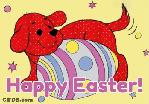 A Red Dog Is Laying On An Easter Egg With The Words Happy Easter Written Below It GIF